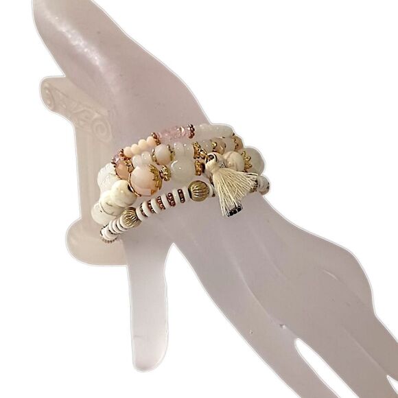 Glass Beaded Stacked Bracelet Rows Beads Floral Neutrals Y2K Boho Fairy Indie - Picture 5 of 16